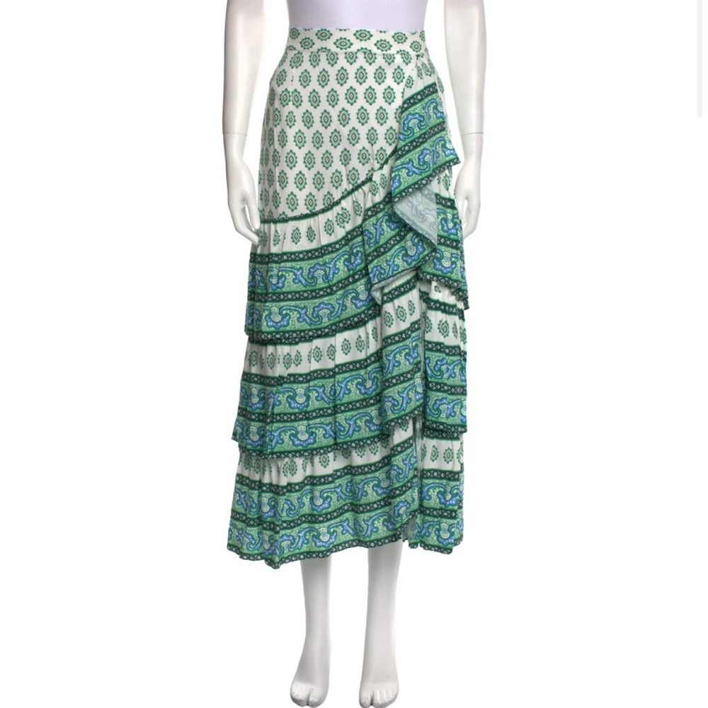 Sandro Green Maxi Wrap Skirt with Ruffled Tiers